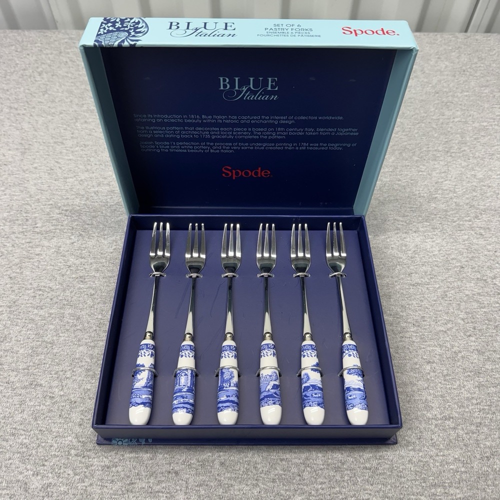 Spode Blue Italian Collection 6 Pastry Forks, Stainless Steel w porcelain handle
